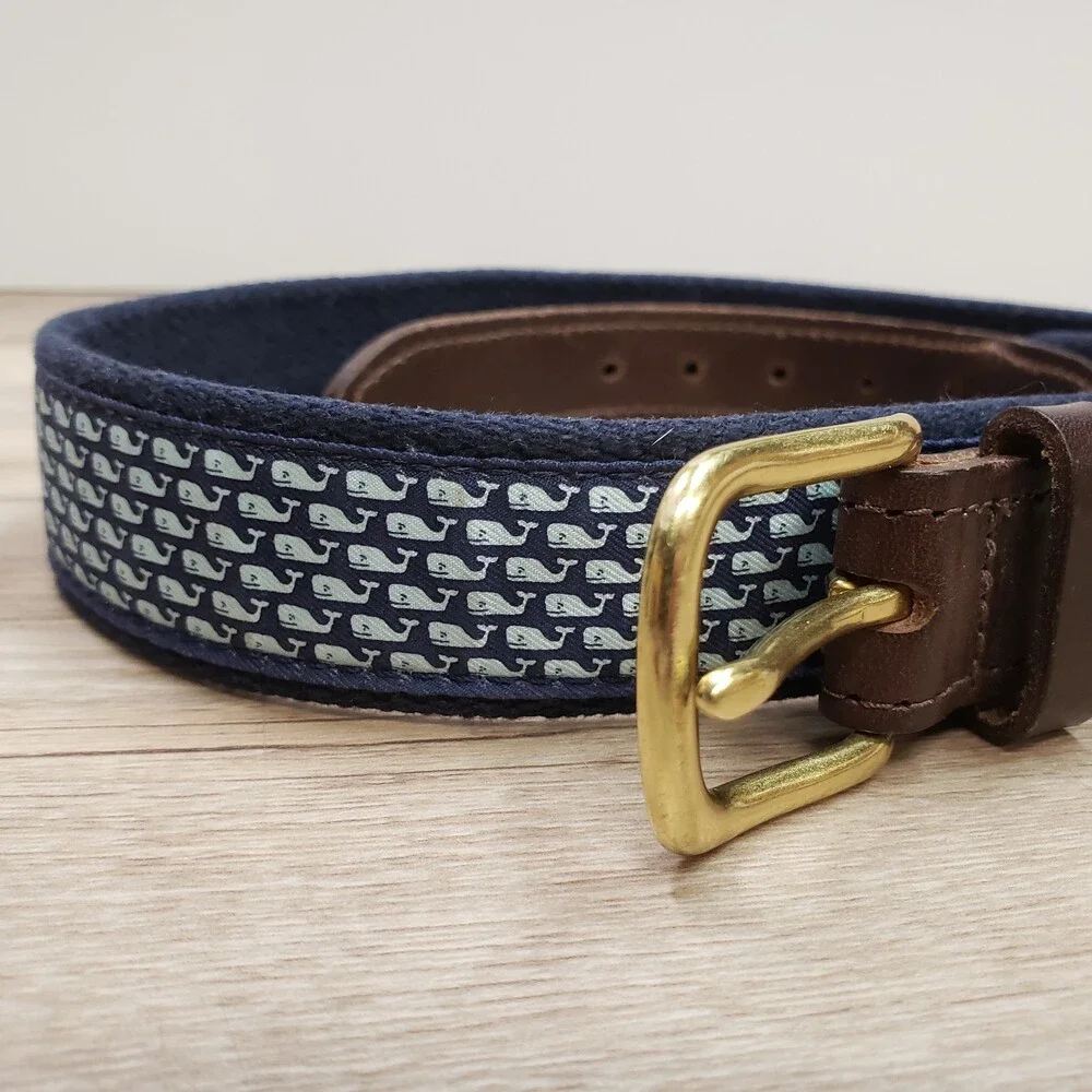 Vineyard Vines Blue Whale Logo Belt Nautical USA Leather Brass Men's Size 30